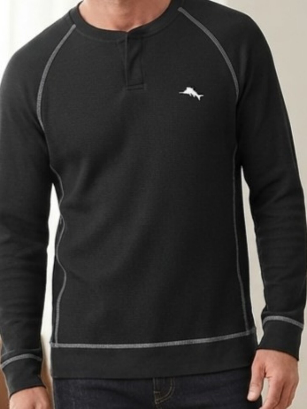 Tommy Bahama Notch-neck Black Long Sleeve Tee with Light Blue Logo, Size Large